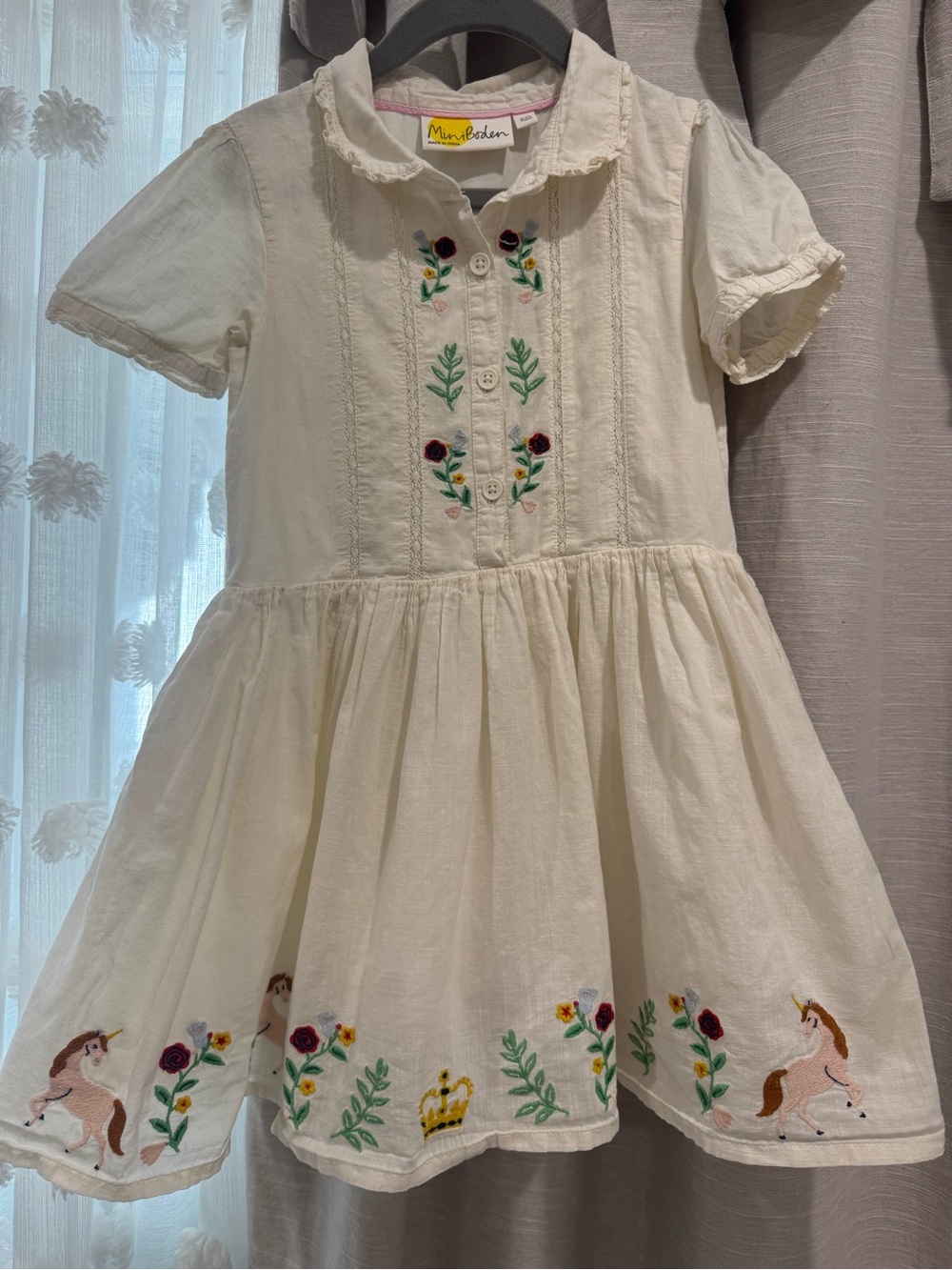 Mini Boden Girls' Cream Embroidered Unicorn Dress